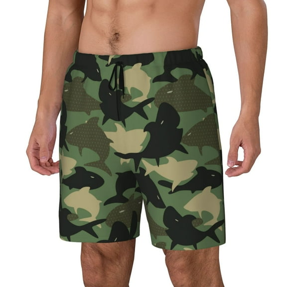 Rocae Camouflage Shark for Men's Swim Trunks Quick Dry With Two Side Pockets and One Lined Patch PocketSmall