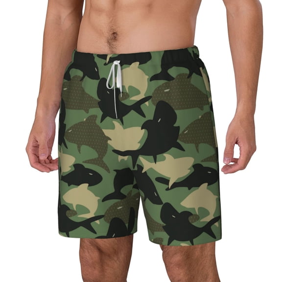 Rocae Camouflage Shark for Men's Swim Trunks Quick Dry With Two Side Pockets and One Lined Patch PocketSmall
