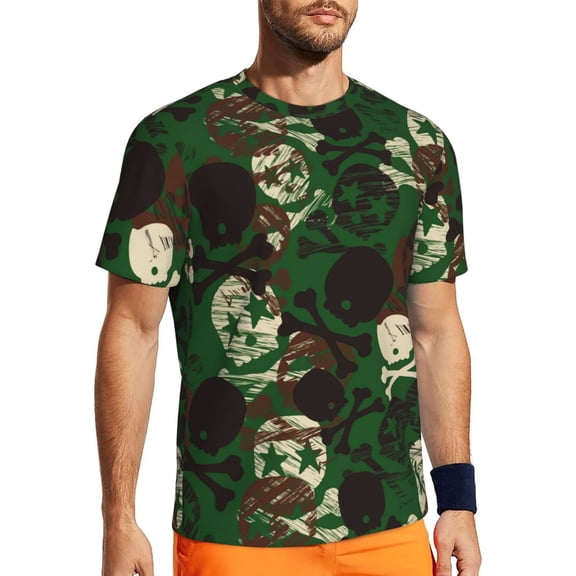 Rocae Camouflage Skull for Men's Mesh Quick-Dry Short Sleeve Workout T-Shirt,Mens Crew Neck Tee Lightweight Soft Classic T Shirts X-Large