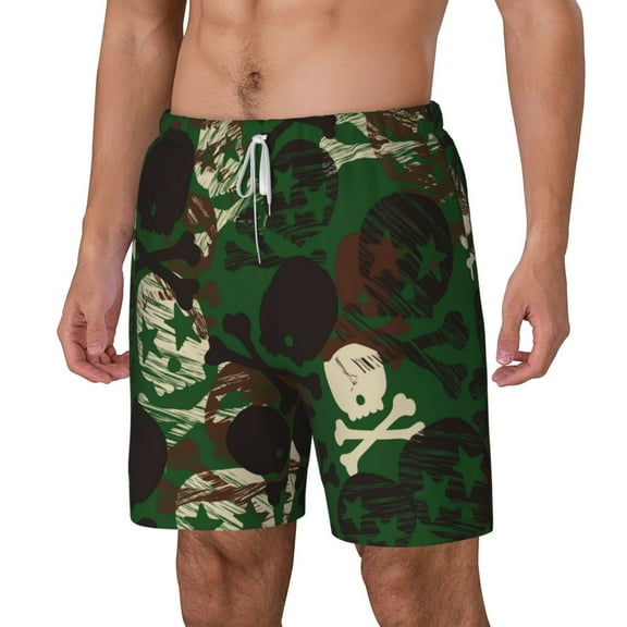 Rocae Camouflage Skull for Men's Swim Trunks Quick Dry With Two Side Pockets and One Lined Patch PocketSmall