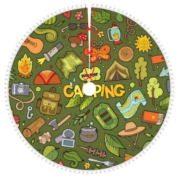 Rocae Camping 1 for Christmas Tree Skirt with Pom Pom Trim for Holiday Party for Holiday Home Decor Indoor Outdoor-30"