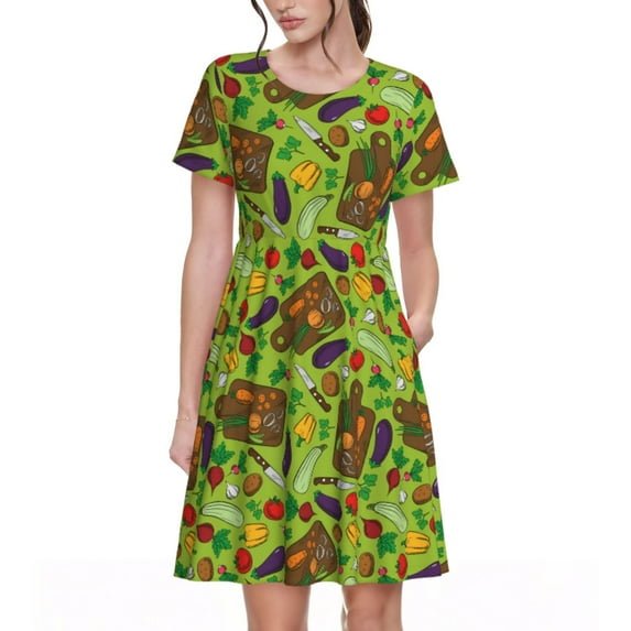 Rocae Carrot Eggplant for Dresses Summer Casual Ruffle Short Sleeve Cute Crew Neck Flowy Dress with Pockets