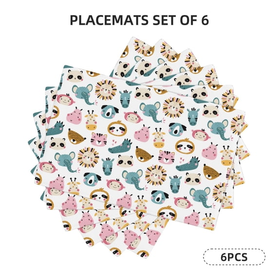 Rocae Cartoon Animals Printed Heat Resistant Place Mats,Classic Hemstitch Cloth Fabric Placemats Imitation Linen Place Mat Table Mats 18x12 inch