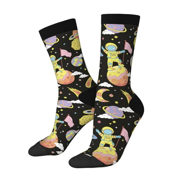 Rocae Cartoon Astronaut In Spacesuit for Adult Socks Casual Athletic Stretchy Loose Socks for Women Men Non-Slip Middle Tube Socks