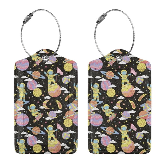 Rocae Cartoon Astronaut In Spacesuit for Leather Luggage Baggage Tags ID Label Privacy Cover ID Label with Stainless Steel Loop and Address Card