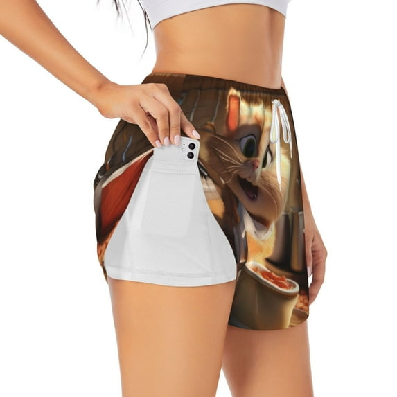Rocae Cartoon Cooking Cat for Women's Athletic Shorts Workout Hiking Shorts Athletic Shorts for Running, Yoga, Gym, Sports-XX-Large
