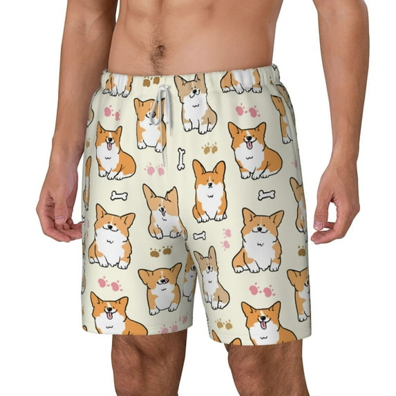 Rocae Cartoon Corgi for Men's Swim Trunks Quick Dry With Two Side Pockets and One Lined Patch PocketXX-Large