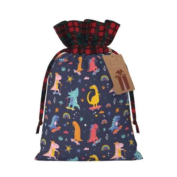 Rocae Cartoon Dinosaur Print Christmas Drawstring Linen Gift Bag with Drawstrings Treat Bag Goody Present Bags for Christmas Party Favor