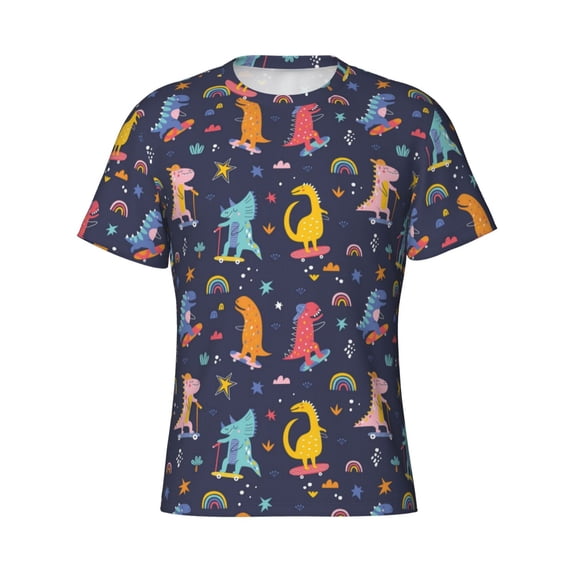 Rocae Cartoon Dinosaur for Men's Moisture-Wicking Crew Tee - T-Shirt for Sports, Outdoor Activities, and Casual WearMedium