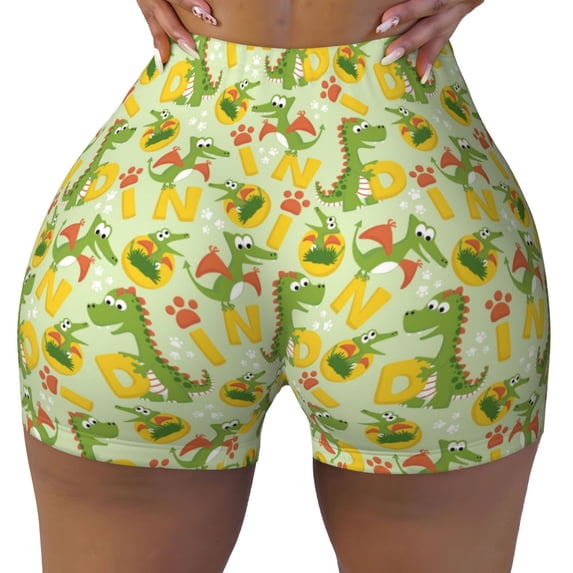 Rocae Cartoon Dinosaurs,Cute Dinosaurs for Women's Quick-Dry Running Shorts,Ladies Active Athletic Apparel Yoga Workout Gym Running Volleyball Spandex Shorts