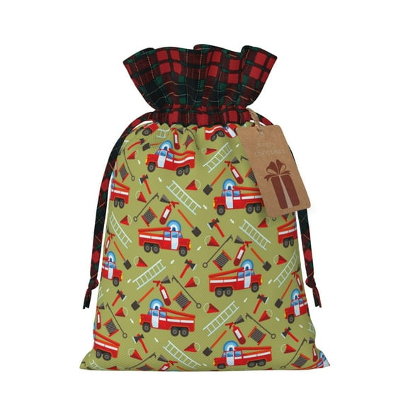 Rocae Cartoon Fire Truck Print Christmas Drawstring Linen Gift Bag with Drawstrings Treat Bag Goody Present Bags for Christmas Party Favor