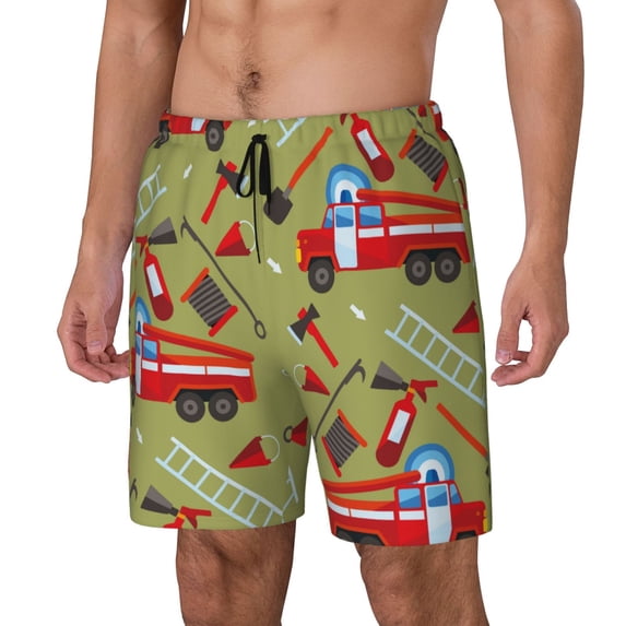 Rocae Cartoon Fire Truck for Men's Swim Trunks Quick Dry With Two Side Pockets and One Lined Patch PocketMedium