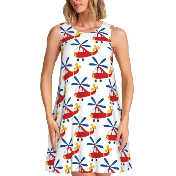 Rocae Cartoon Helicopter for Sleeveless Dresses Summer Casual Ruffle Sleeveless Cute Crew Neck Flowy Dress with Pockets