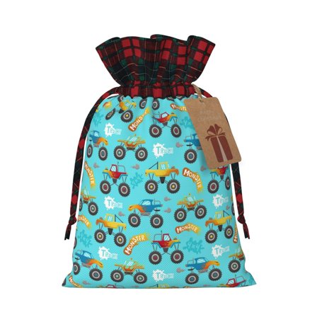 Rocae Cartoon Monster Truck Print Christmas Drawstring Linen Gift Bag with Drawstrings Treat Bag Goody Present Bags for Christmas Party Favor