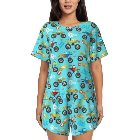 Rocae Cartoon Monster Truck for Two Piece Sleepwear Pajamas Sets for Women Soft Short-Sleeved Pjs with Lounge Shorts X-Large