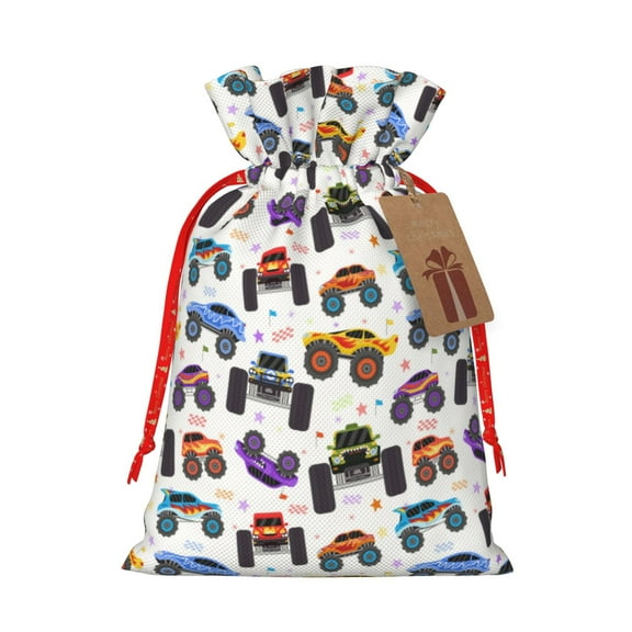 Rocae Cartoon Monster Trucks1 for Christmas Drawstring Linen Gift Bag with Drawstrings Treat Bag Goody Present Bags for Christmas Party Favor-Small