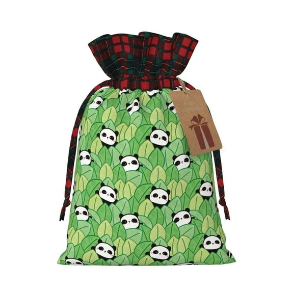 Rocae Cartoon Panda And Leaf 1 Print Christmas Drawstring Linen Gift Bag with Drawstrings Treat Bag Goody Present Bags for Christmas Party Favor
