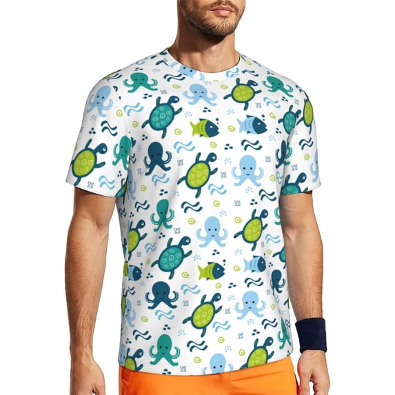 Rocae Cartoon Sea Creatures for Men's Mesh Quick-Dry Short Sleeve Workout T-Shirt,Mens Crew Neck Tee Lightweight Soft Classic T Shirts X-Small