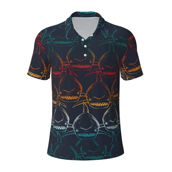 Rocae Cartoon Sharks for Men's Short Sleeve Polo Shirt, Quick Drying Performance Moisture Wicking Sports Men's Golf Shirt 3X-Large