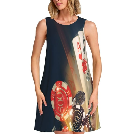 Rocae Casino Poker Chips for Sleeveless Dresses Summer Casual Ruffle Sleeveless Cute Crew Neck Flowy Dress with Pockets