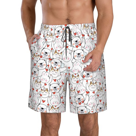 Rocae Cat Bear Rabbit for Men's Beach Shorts Casual Elastic Waist Drawstring Summer Beach Shorts,S-3XL-Small