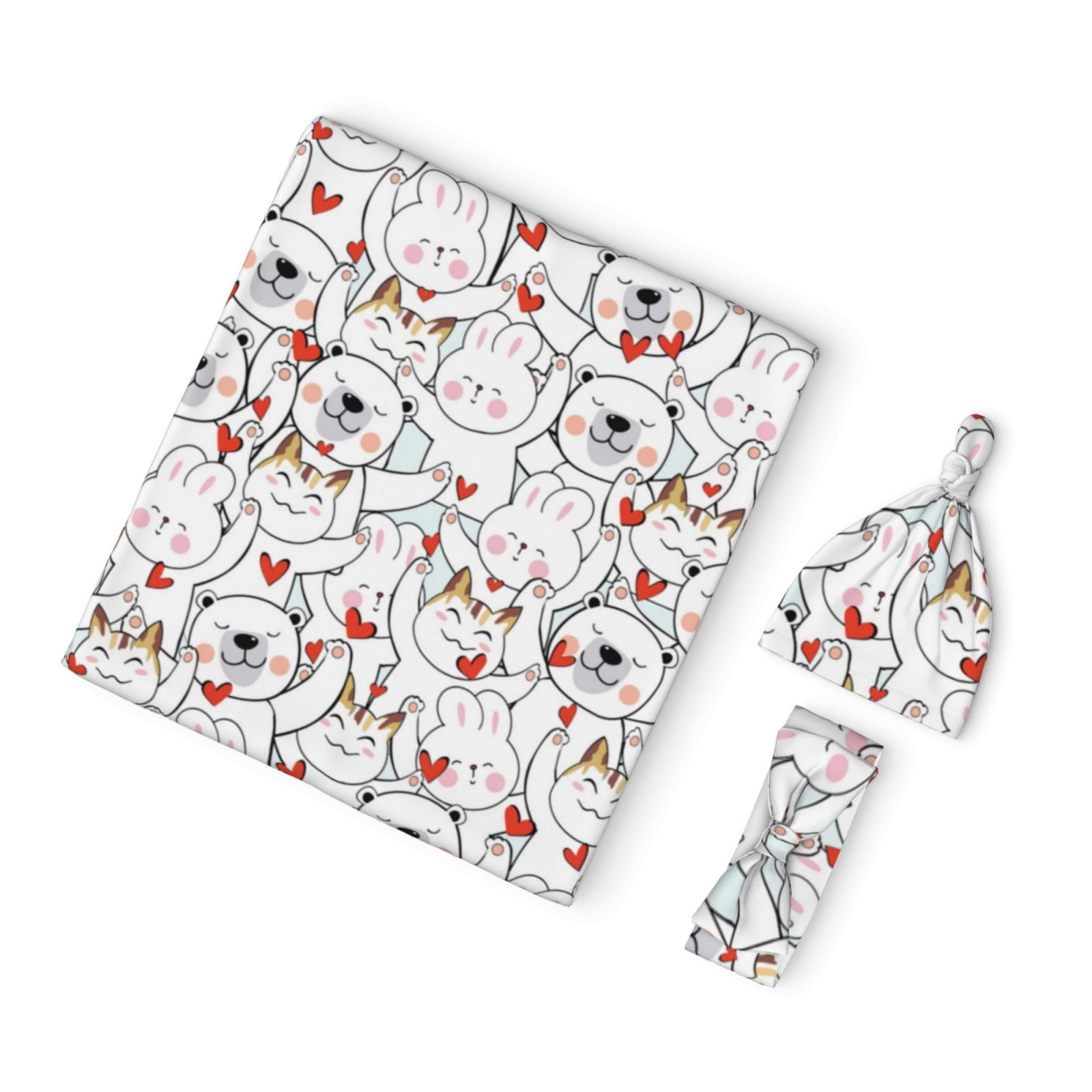 Rocae Cat Bear Rabbit for Newborn Swaddle Set with Matching Beanie Hat ...