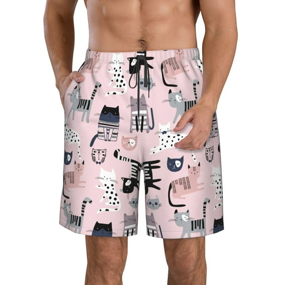 Rocae Cat for Men's Beach Shorts Casual Elastic Waist Drawstring Summer Beach Shorts,S-3XL-XX-Large