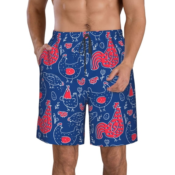 Rocae Chicken and Rooster for Men's Beach Shorts Casual Elastic Waist Drawstring Summer Beach Shorts,S-3XL-Large