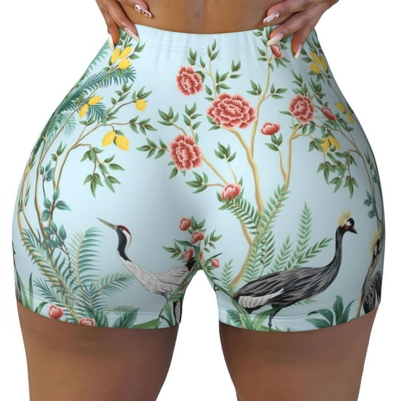 Rocae Chinoiserie Floral Palm Tree for Women's Quick-Dry Running Shorts,Ladies Active Athletic Apparel Yoga Workout Gym Running Volleyball Spandex Shorts X-Large