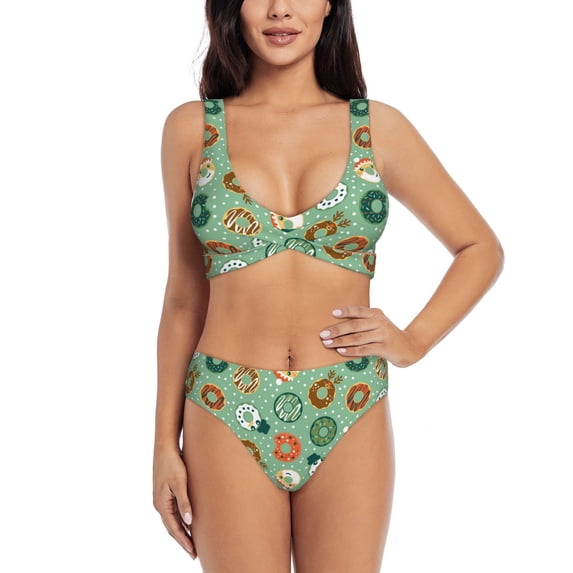 Rocae Christmas Donuts for Bikini Set for Women Two Piece Sexy High Swimsuits Split Crossover Bikini XX-Large