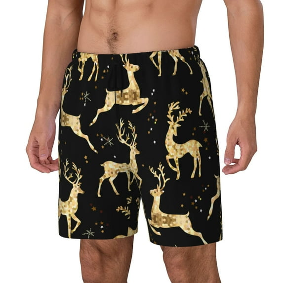 Rocae Christmas Gold Deers for Men's Swim Trunks Quick Dry With Two Side Pockets and One Lined Patch PocketSmall