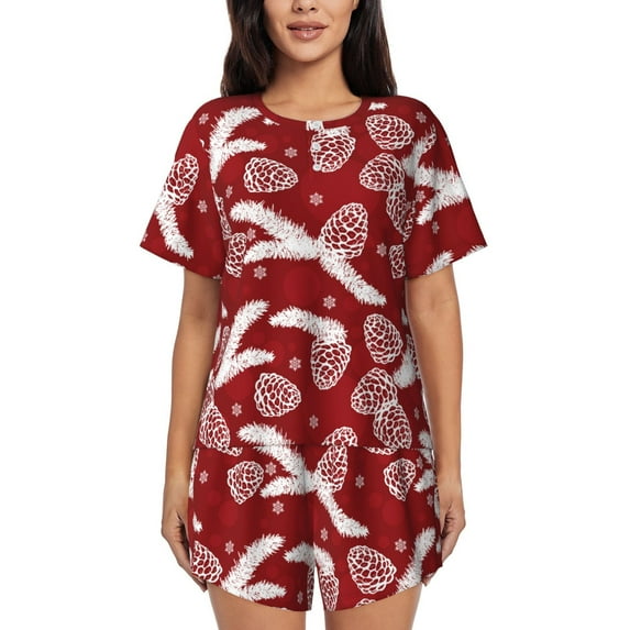 Rocae Christmas Holiday Pinecone for Two Piece Sleepwear Pajamas Sets for Women Soft Short-Sleeved Pjs with Lounge Shorts -Small