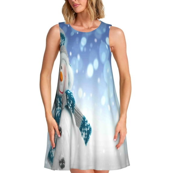 Rocae Christmas Snowman In The Snow for Sleeveless Dresses Summer Casual Ruffle Sleeveless Cute Crew Neck Flowy Dress with Pockets