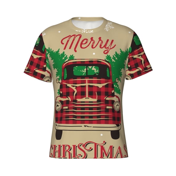 Rocae Christmas Vintage Red Truck for Men's Moisture-Wicking Crew Tee - T-Shirt for Sports, Outdoor Activities, and Casual WearSmall