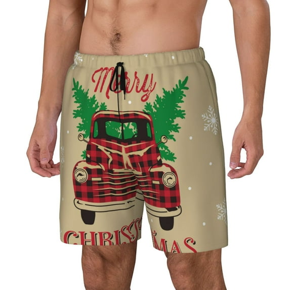 Rocae Christmas Vintage Red Truck for Men's Swim Trunks Quick Dry With Two Side Pockets and One Lined Patch PocketXX-Large