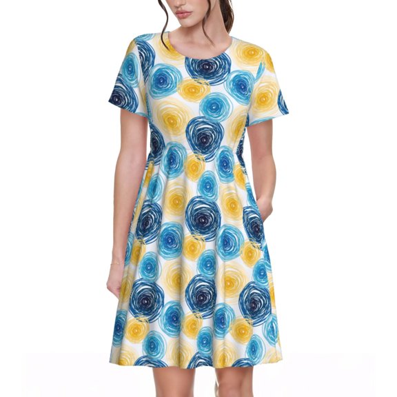 Rocae Circular for Dresses Summer Casual Ruffle Short Sleeve Cute Crew Neck Flowy Dress with Pockets