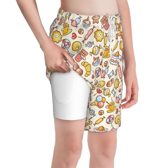 Rocae Coffee Donuts for Teen Beach Trunks Boys Swim Trunks with Compression Liner Quick Dry Board ShortsX-Large