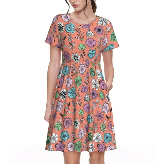 Rocae Color Flowers for Dresses Summer Casual Ruffle Short Sleeve Cute Crew Neck Flowy Dress with Pockets