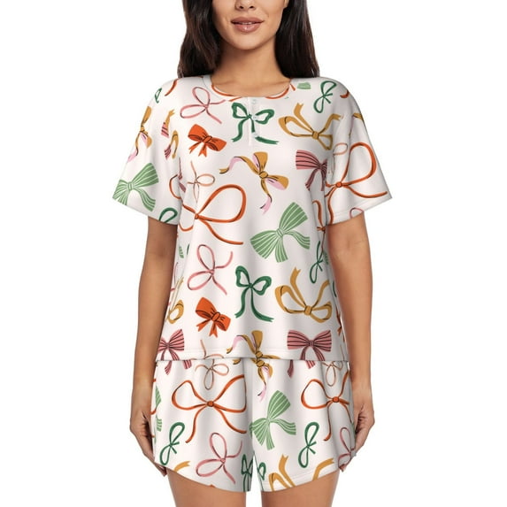 Rocae Colorful Bow Knots for Two Piece Sleepwear Pajamas Sets for Women Soft Short-Sleeved Pjs with Lounge Shorts -Medium