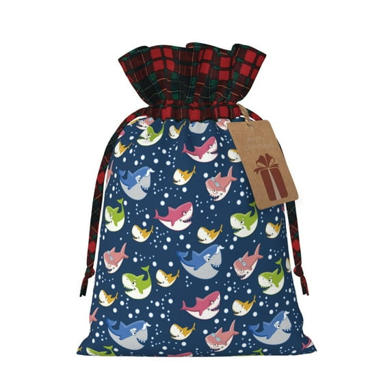 Rocae Colorful Cartoon Shark Print Christmas Drawstring Linen Gift Bag with Drawstrings Treat Bag Goody Present Bags for Christmas Party Favor