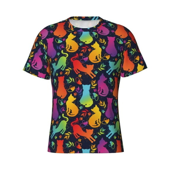 Rocae Colorful Cats for Men's Moisture-Wicking Crew Tee - T-Shirt for Sports, Outdoor Activities, and Casual Wear