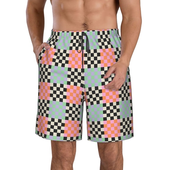 Rocae Colorful Checkered for Men's Beach Shorts Casual Elastic Waist Drawstring Summer Beach Shorts,S-3XL-X-Large