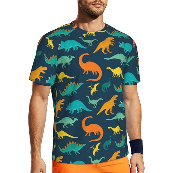 Rocae Colorful Dinosaur for Men's Mesh Quick-Dry Short Sleeve Workout T-Shirt,Mens Crew Neck Tee Lightweight Soft Classic T Shirts Small