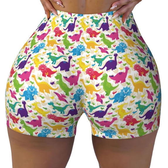 Rocae Colorful Dinosaurs for Women's Quick-Dry Running Shorts,Ladies Active Athletic Apparel Yoga Workout Gym Running Volleyball Spandex Shorts Large