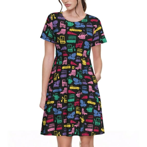 Rocae Colorful Excavator for Dresses Summer Casual Ruffle Short Sleeve Cute Crew Neck Flowy Dress with Pockets