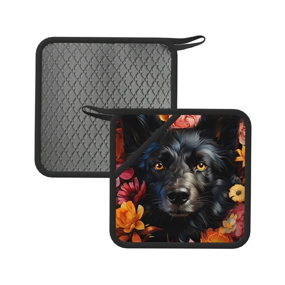Rocae Colorful Floral Black Dog for Square Silicone Anti-scalding Mat Trivet Hot Pads for Kitchen Counter, Silicone Trivets for Hot Pots and Pans