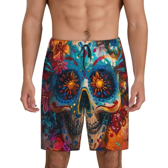 Rocae Colorful Floral Skull A for Men's Soft Sleep Pajama Shorts, Waistband and Pockets-XX-Large