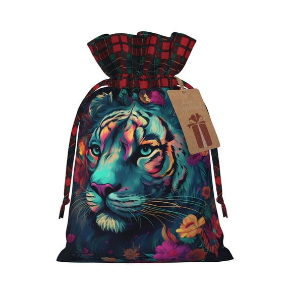 Rocae Colorful Flower Tiger Print Christmas Drawstring Linen Gift Bag with Drawstrings Treat Bag Goody Present Bags for Christmas Party Favor
