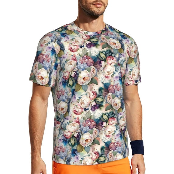 Rocae Colorful Flowers for Men's Mesh Quick-Dry Short Sleeve Workout T-Shirt,Mens Crew Neck Tee Lightweight Soft Classic T Shirts XX-Large