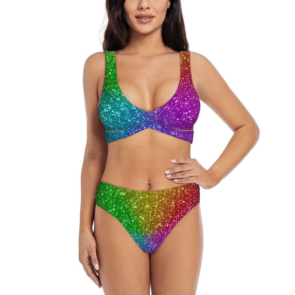 Rocae Colorful Glitter for Bikini Set for Women Two Piece Sexy High Swimsuits Split Crossover Bikini Small